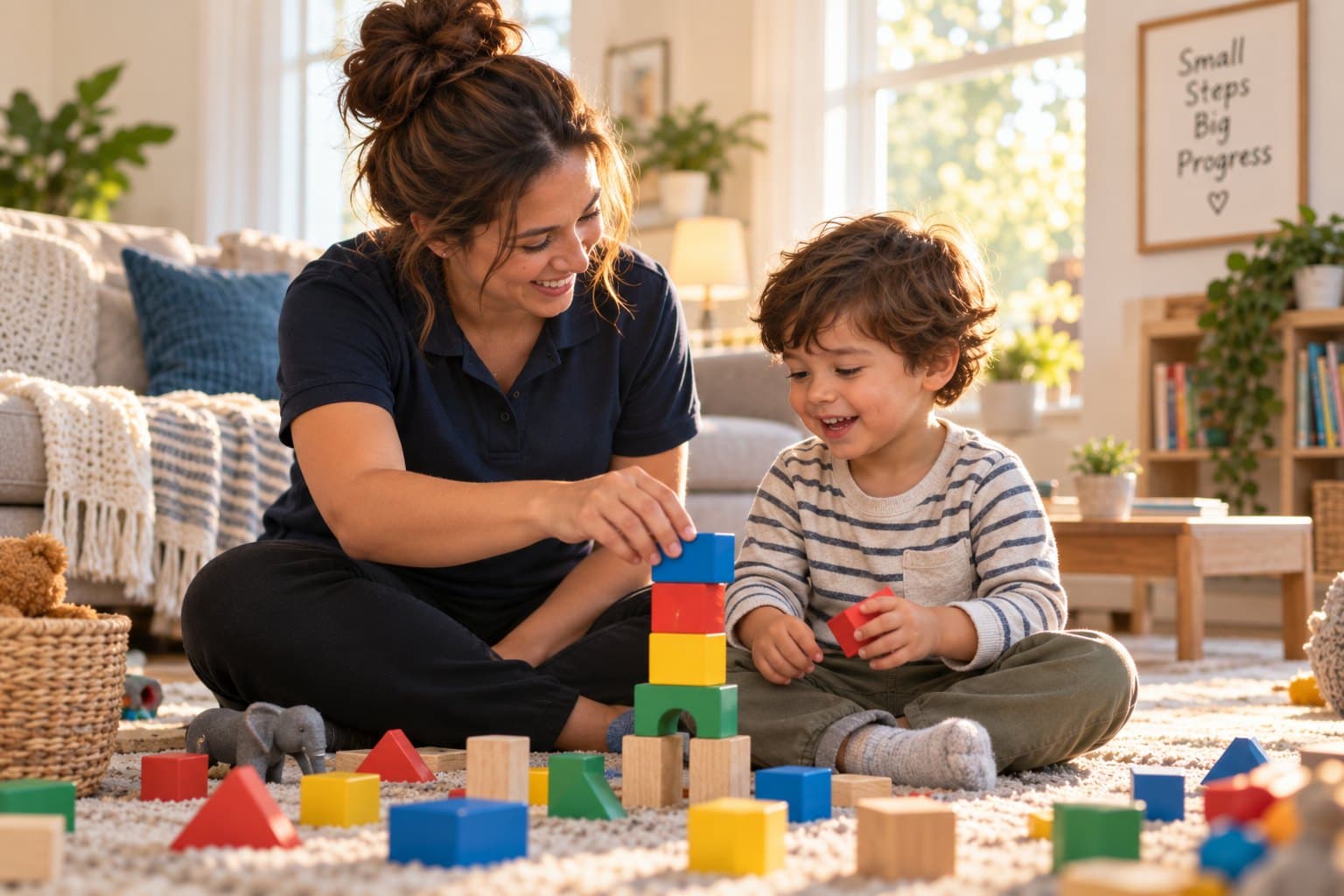A behavior technician sitting back on her heels on a living-room rug while a young boy stacks coloured blocks
