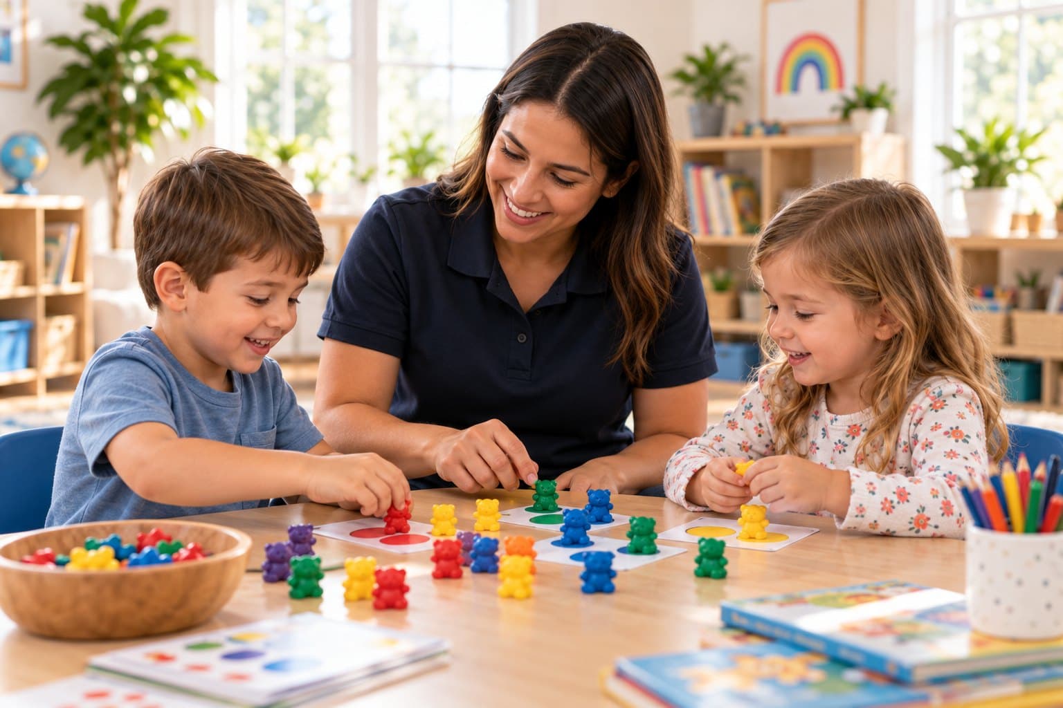 A clinician at a low table with two young children, all three sorting coloured counting bears onto matching cards