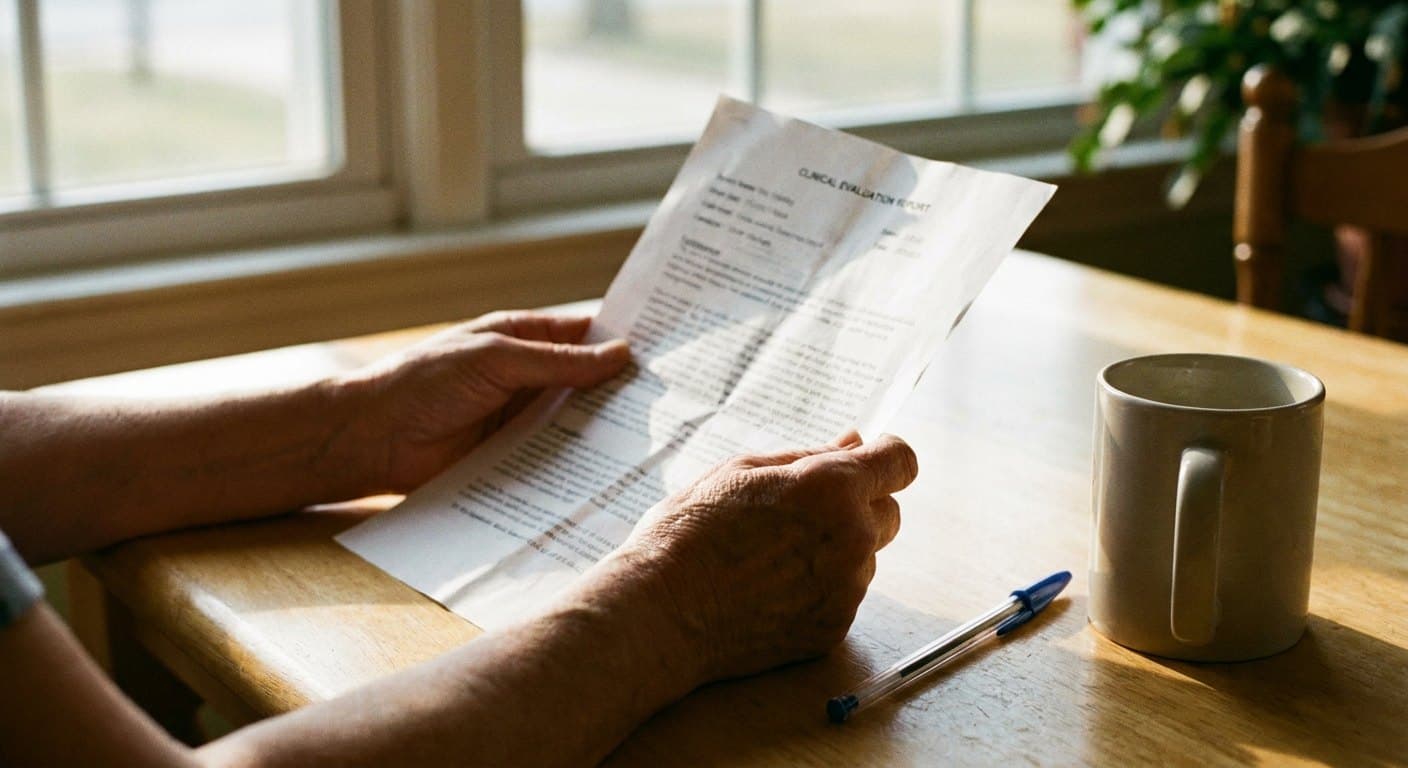A parent's hands holding a printed clinical evaluation report at a kitchen table in morning light