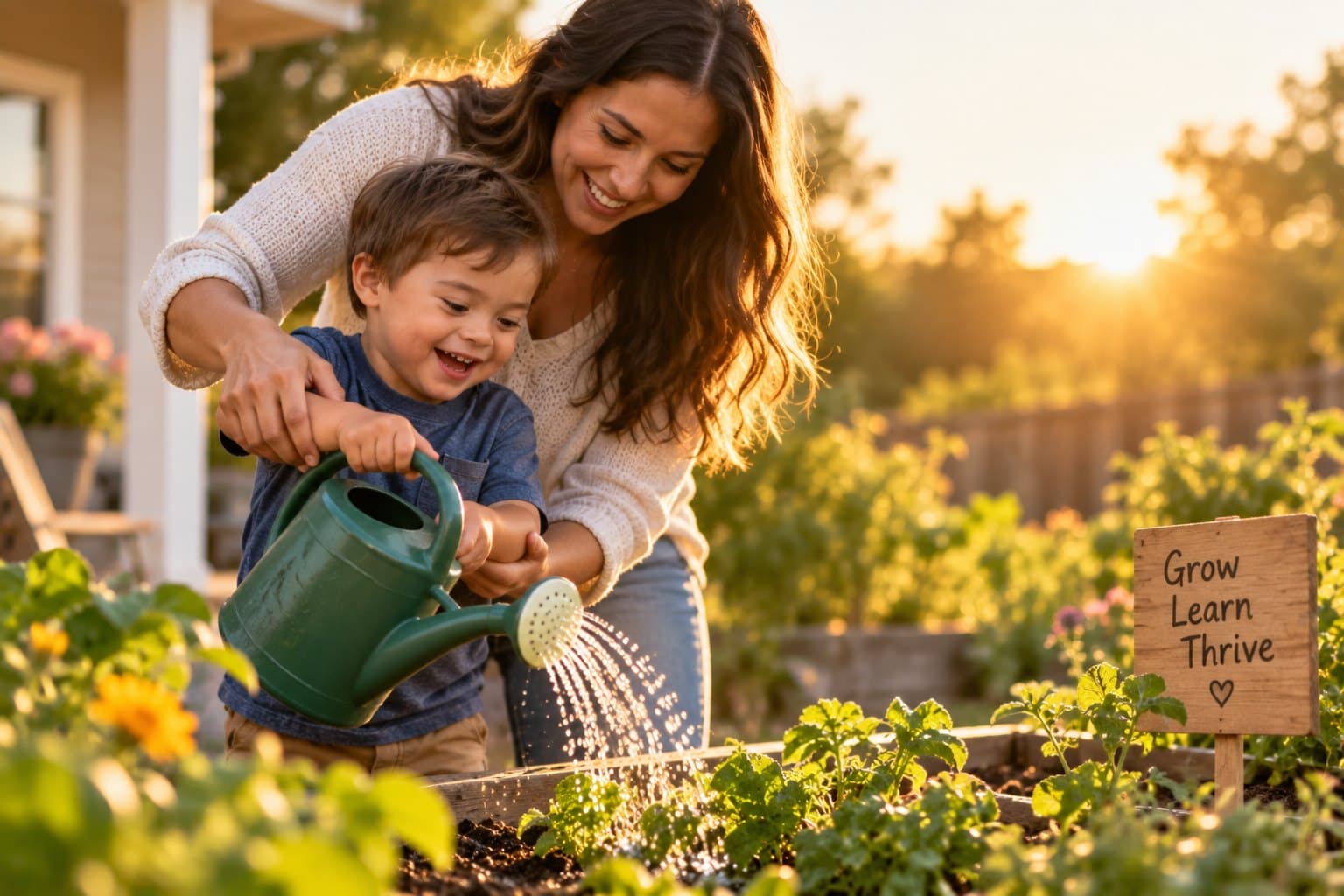 A mother helping her young son water a raised vegetable bed with a green watering can, evening sun behind them