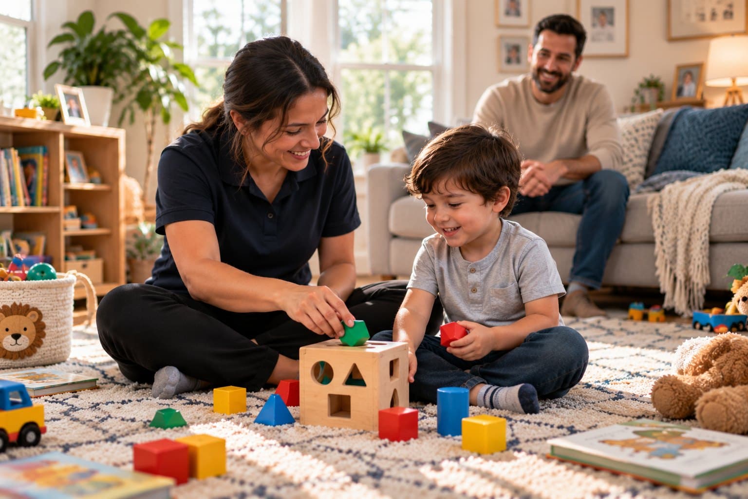 A behavior technician and a young boy sorting shape blocks together on a living-room rug