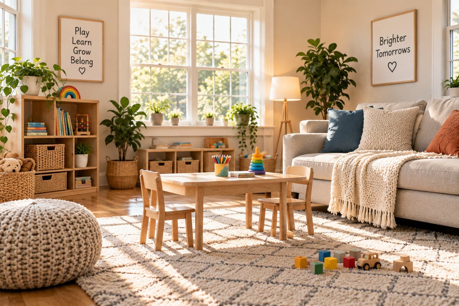 A sunlit living room set up for a session, with a low wooden table and two child-sized chairs on a rug beside a sofa