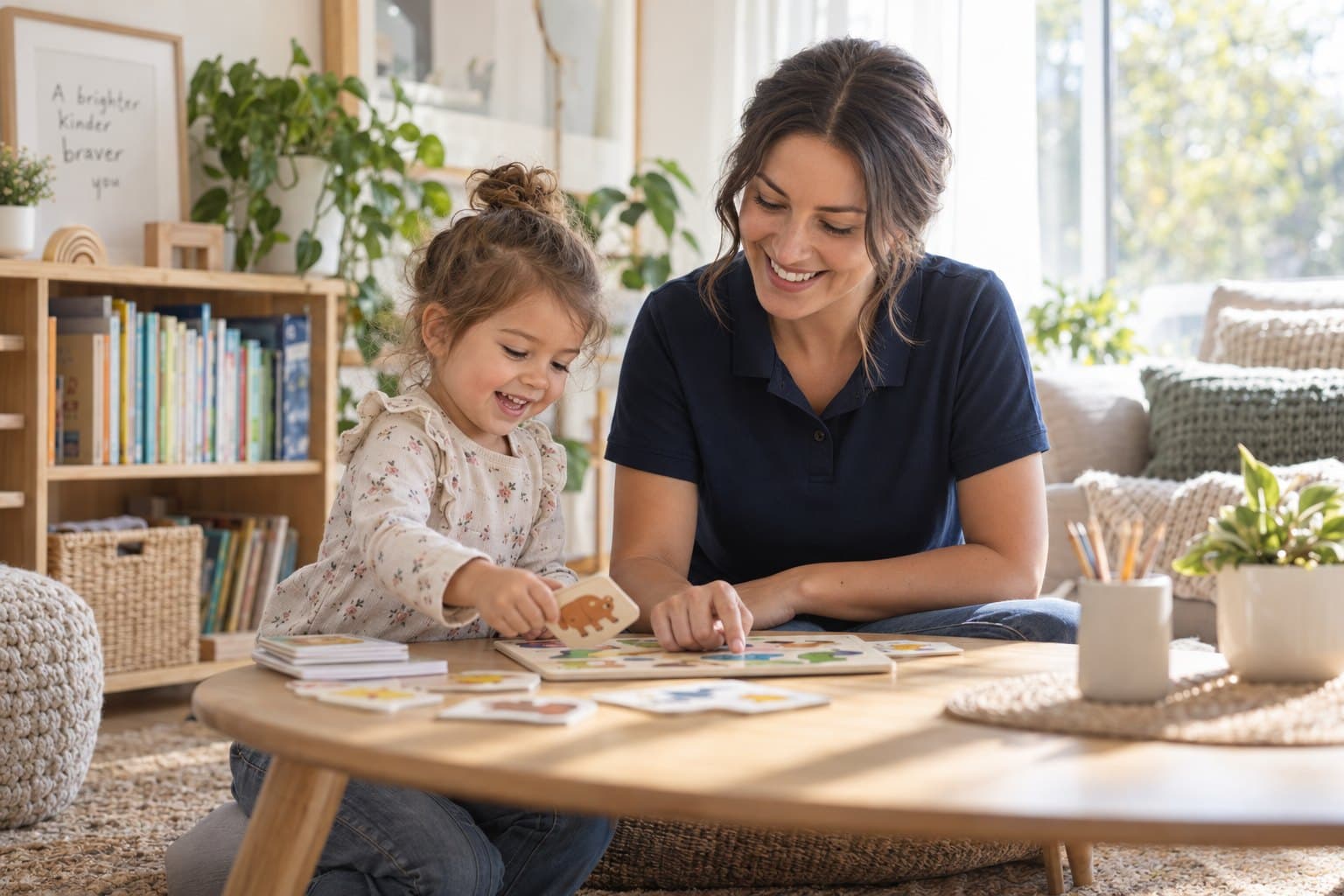 A behavior technician and a young girl at a low table doing an animal picture-matching puzzle together, both smiling