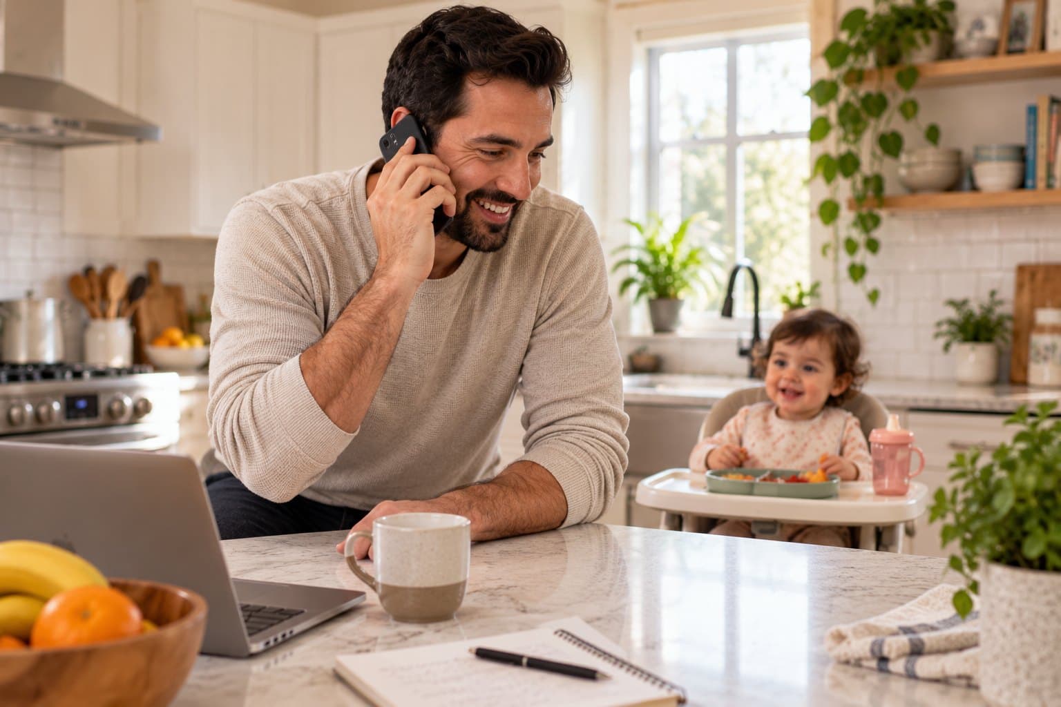 A father on the phone at his kitchen counter with a laptop and notepad open, his toddler eating in a high chair behind him