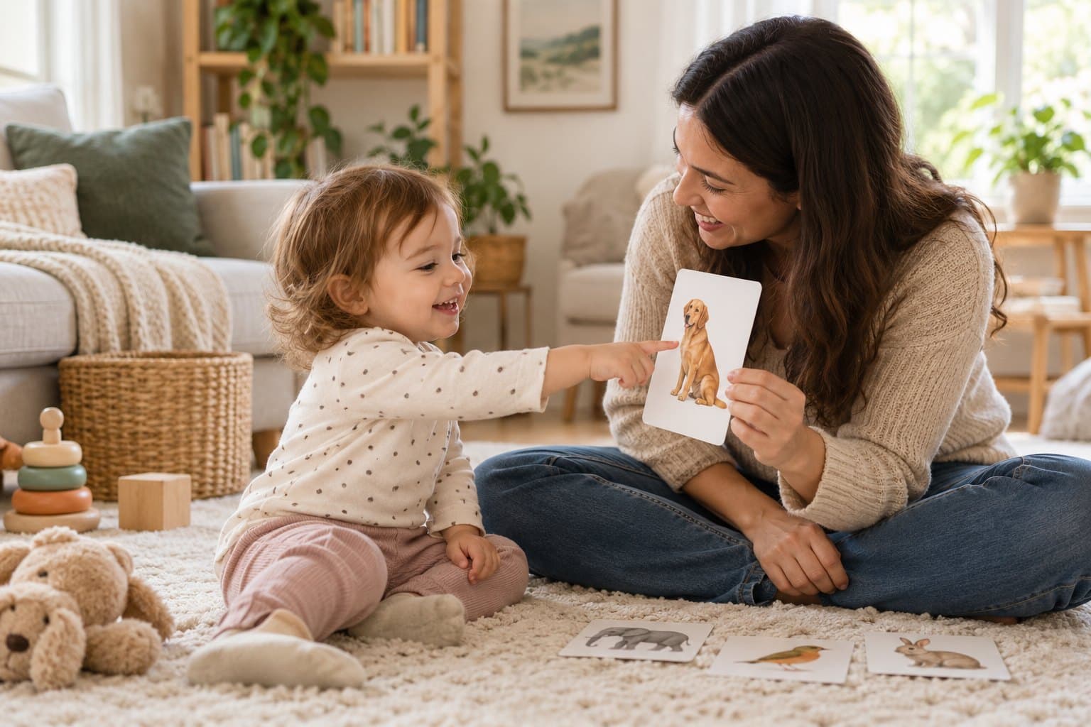 A toddler pointing at a picture card of a dog held up by her mother, both smiling