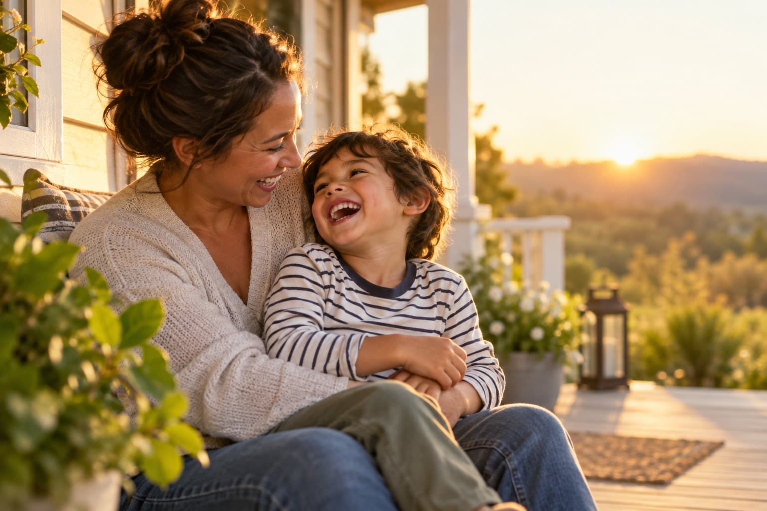 A mother and her young son sitting together on a sunlit porch at golden hour, both laughing