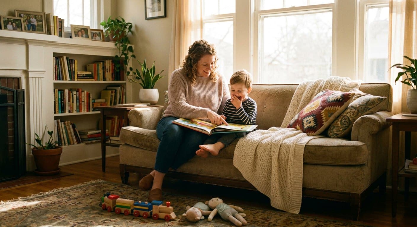 A mother and her young son sitting close on a sunlit couch reading a picture book together