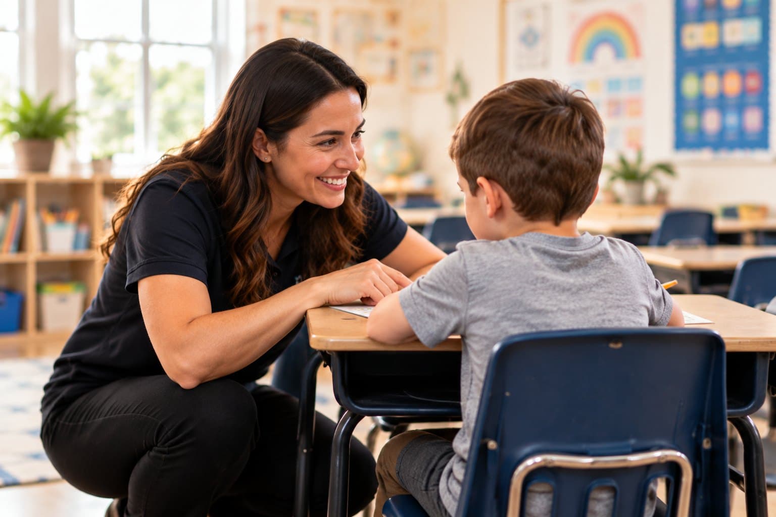 A clinician crouched at eye level beside a boy at his classroom desk, both smiling