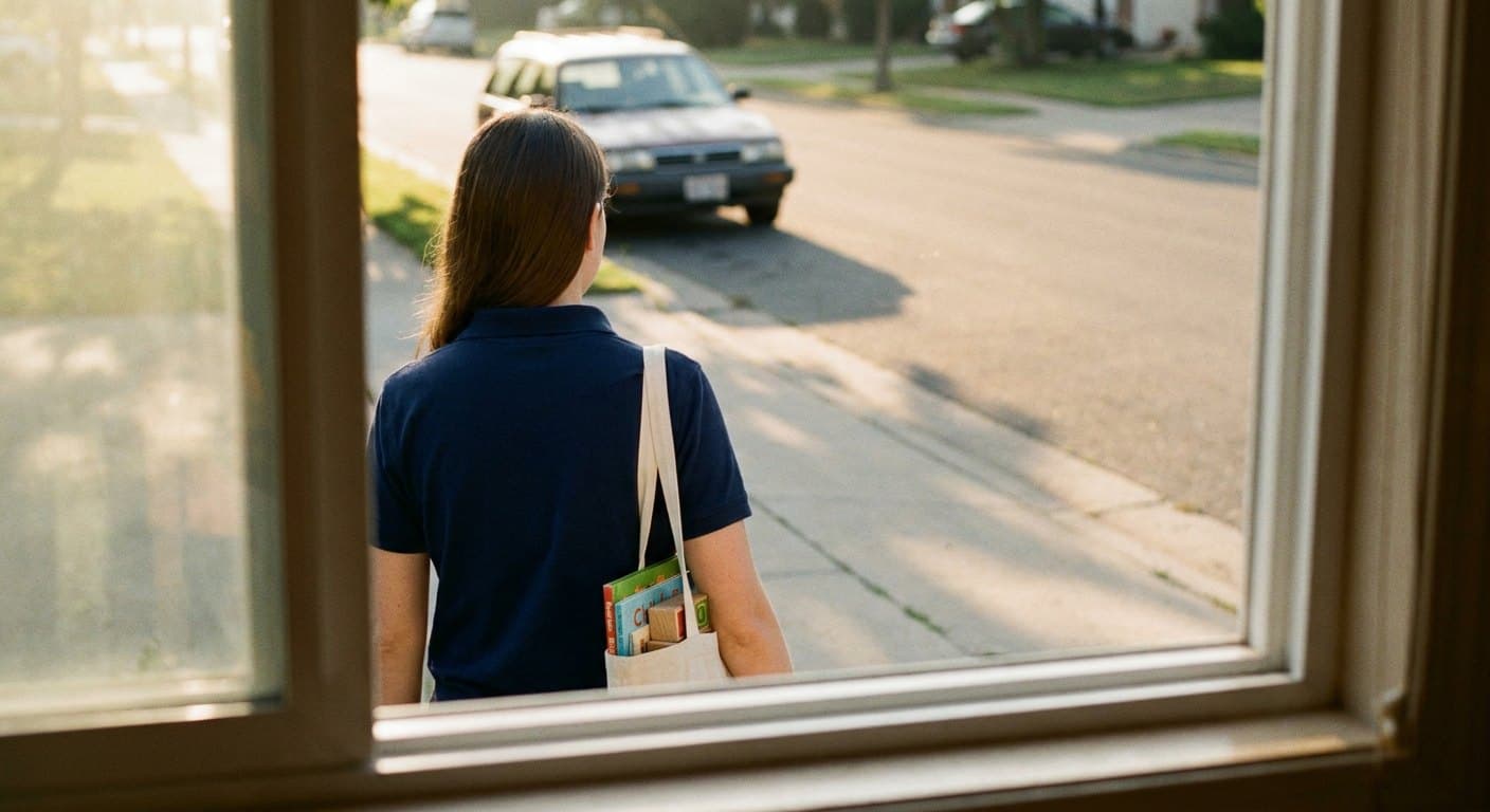 A behavior technician in a navy polo walking to her car carrying a tote of picture books and wooden blocks