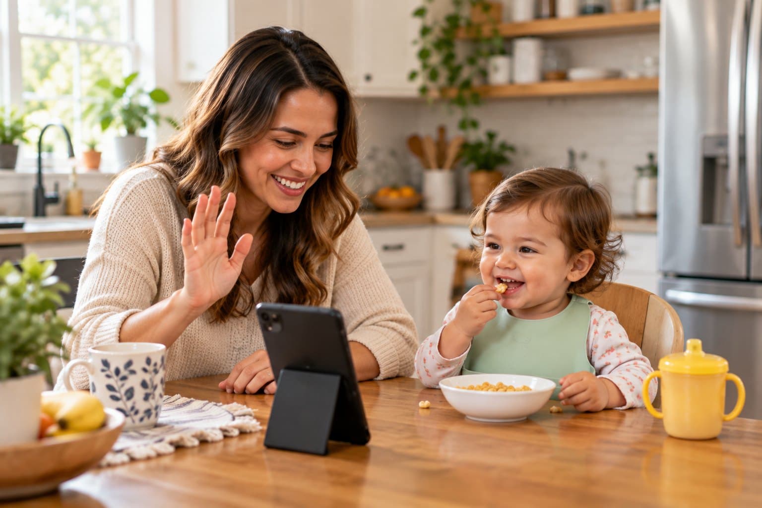 A mother waving at a propped tablet on the kitchen table while her toddler eats breakfast beside her